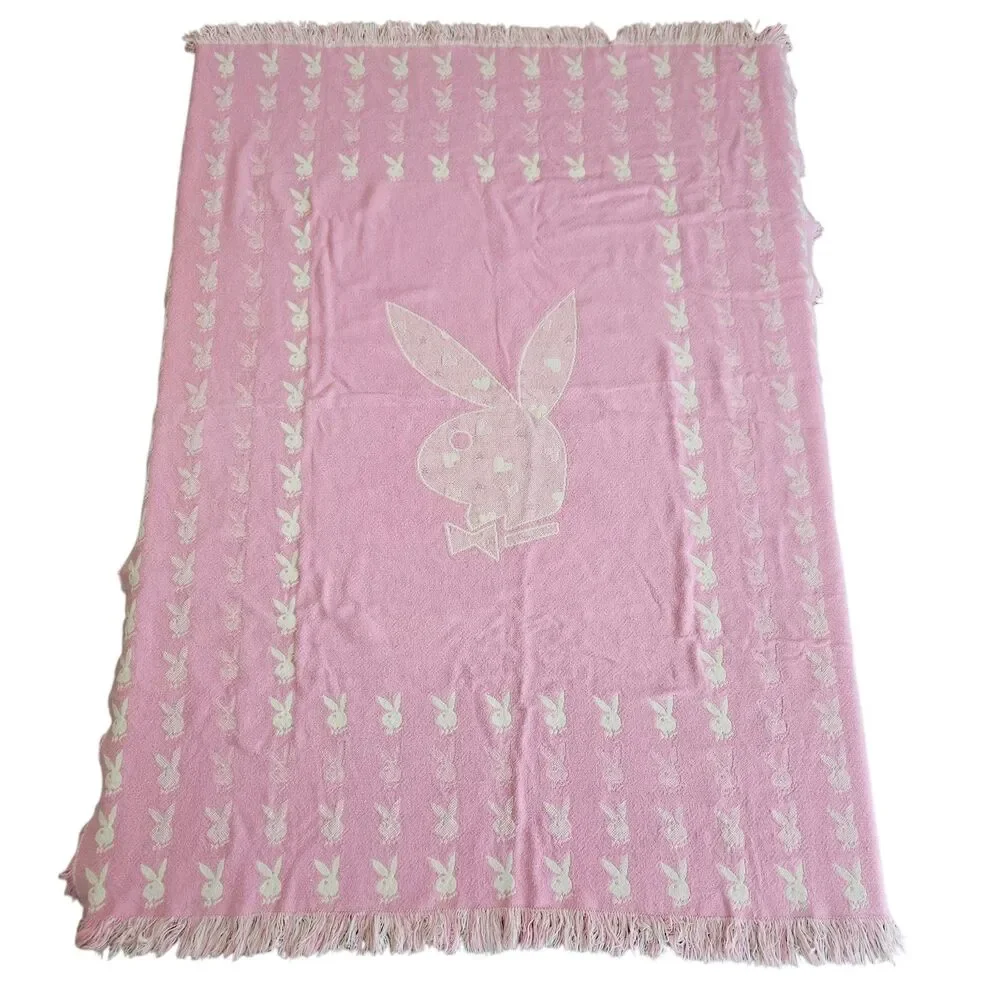 Vintage 2004 Playboy Bunny Reversible Throw Blanket Pink Cream Y2K Fringe